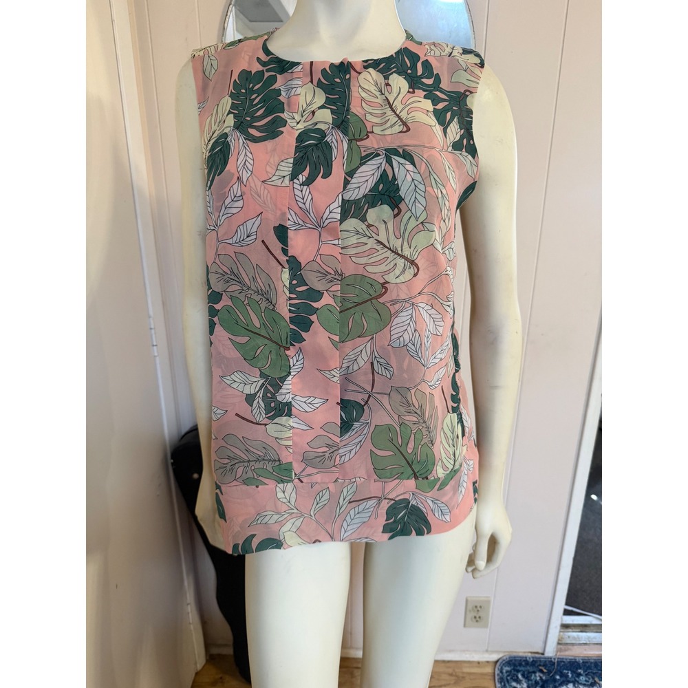 CAbi Pink & Green Monstera Palm Leaf Sleeveless Blouse Top Medium Style #5351